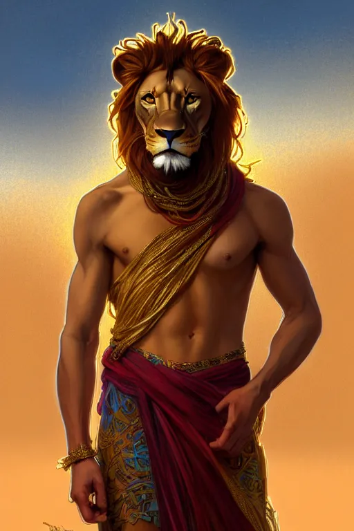 Prompt: full figure beautiful young fit antrophomorphic male lion, dressed with multicolored fluent clothes, luminous scene, by greg rutkowski and alphonse mucha, d & d character, gradient red to gold, in front of a dune desert background, highly detailed portrait, digital painting, artstation, concept art, smooth, sharp focus illustration, artstation hq