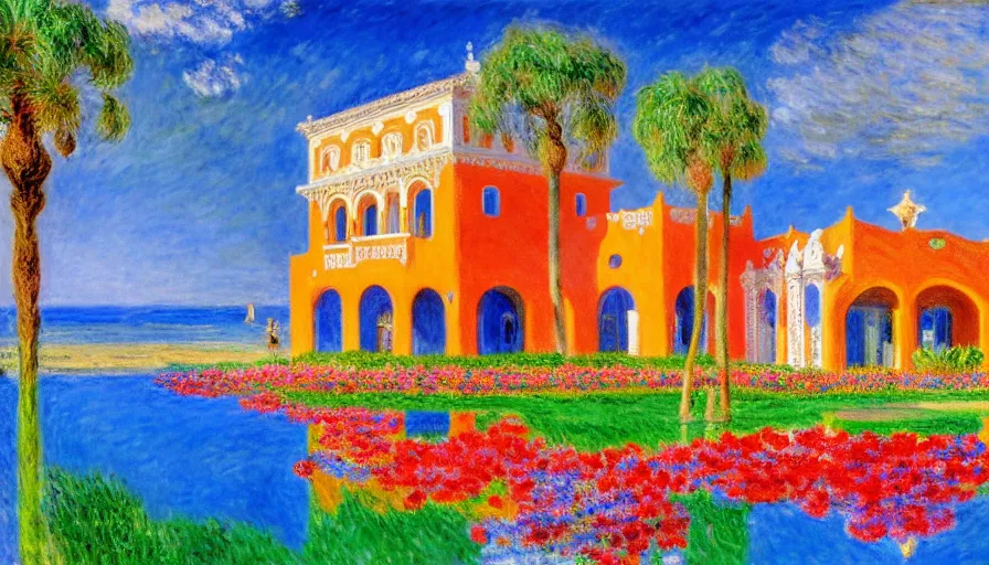 Prompt: a 1 9 9 8 southern spain palace!!! costa blanca, designed by claude monet, bispo do rosario, arnold bocklin, tarsila do amaral and gustave baumann, cheval michael, warm, mediterranean, star, sharp focus, colorful refracted sparkles and lines, soft light, 8 k 4 k