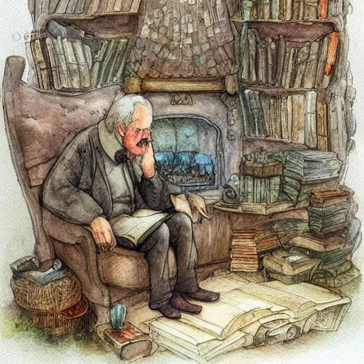 Prompt: whimsical fantastical a muted color watercolor sketch of a old man sitting in big chair next of a fireplace in his whimsical fantastical hobbit house living room surrounded by stacks of books from a whimsical fantastical story book character ifrom the book Baltimore & Redingote by Jean-Baptiste Monge of an old man in the style of by Jean-Baptiste Monge that looks like its by Jean-Baptiste Monge and refencing Jean-Baptiste Monge