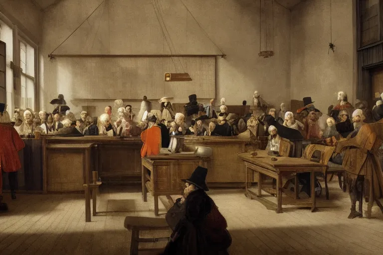 Prompt: ultra realistic digital painting of a modern trial in the hague, by rembrandt and bartholomeus van der helst, studio ghibli color scheme, realism, masterpiece, highly detailed, intricate