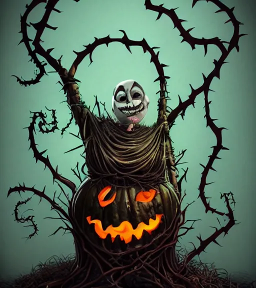 Prompt: a tim burton design of a fat creepy pumpkin king, with a pumpkin head, limbs made from vines, sitting on a stone throne, detailed game art illustration, menacing carved facial expression, creepy lighting, dynamic pose, 4 k artstation, masterpiece