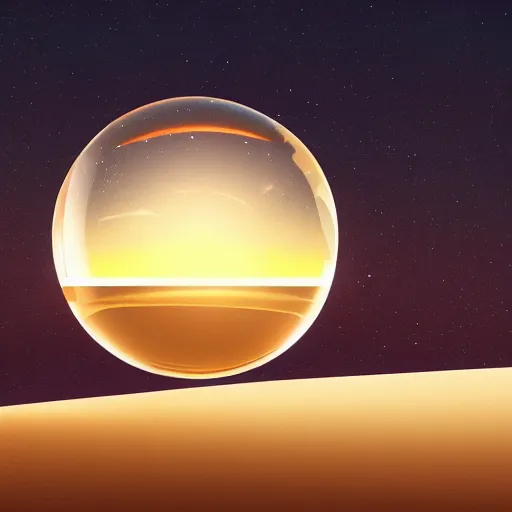 Image similar to : huge translucent orb in the desert, reflection from the crystal is sparkling due to sun, small tesla starship is near, futuristic hi-tech details, art by anthony macbain + greg rutkowski + alphonse mucha, concept art, 4k, sharp focus, cinematic render unreal engine