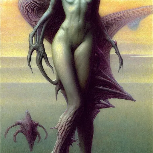 Image similar to cute young vampire tomboy girl with short short short dark hairs on lovecraftian planet by jean delville by luis royo and wayne barlowe, beksinski