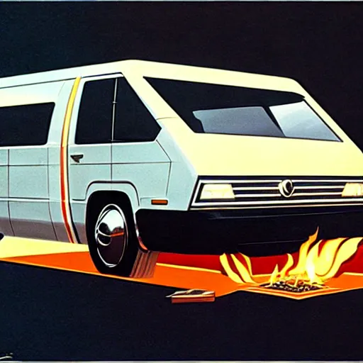 Image similar to concept art for a van with a built - in fire pit, painted by syd mead, high quality