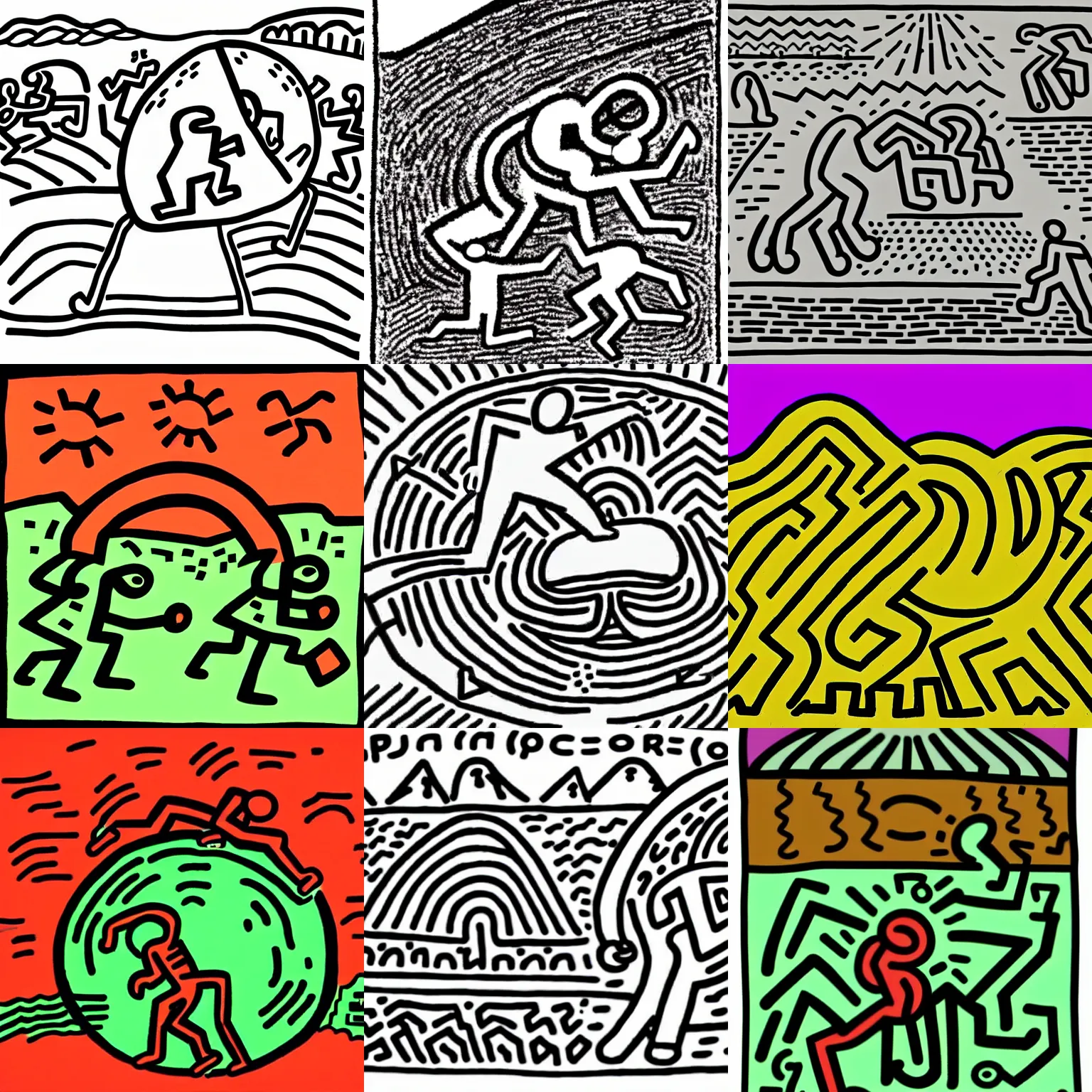 Prompt: Keith Haring illustration of Sisyphus pushing boulder up a hill
