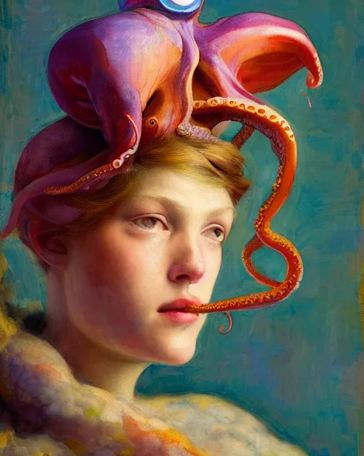 Image similar to a beautiful girl wearing a colourful octopus as a hat, painted by edgar maxence, edward hopper, wayne barlowe and james gilleard, airbrush, art by jamesjean