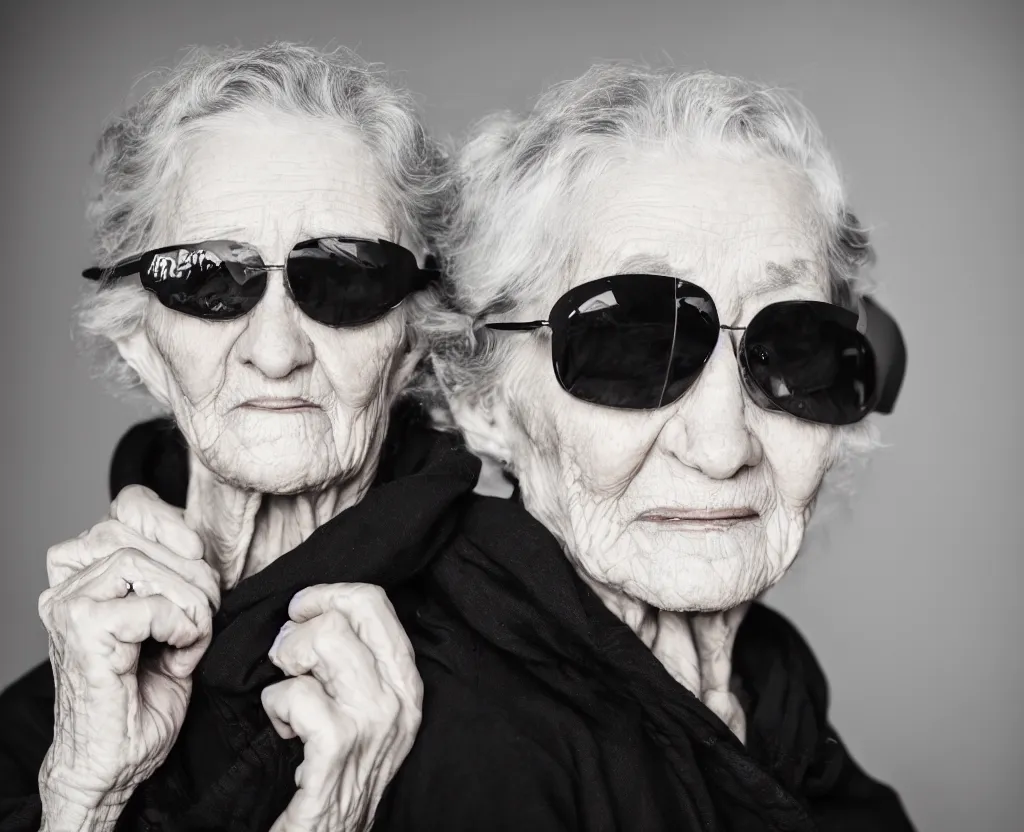 Prompt: A portrait of an elderly woman with a lot of deep wrinkles in her face wearing a black hoodie and pilot sunglasses, 50mm, award-winning, 8K, very very very sharp