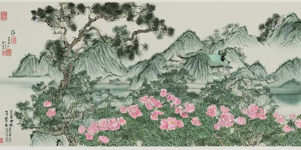 Image similar to summer manor with peony flowers and lake, chinese ink painting