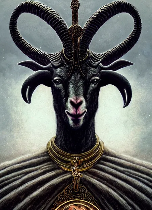 Image similar to elden ring themed orthodox baphomet goat icon tarot card portrait, piercing gaze, byzantine aesthetic, doom, religious, sinister, ornate, intricate, beautifully backlit, subtle tones, digital painting, concept art, smooth, sharp focus, illustration, art by josan gonzalez, greg rutkowski, killian eng and zdizslaw beksinski