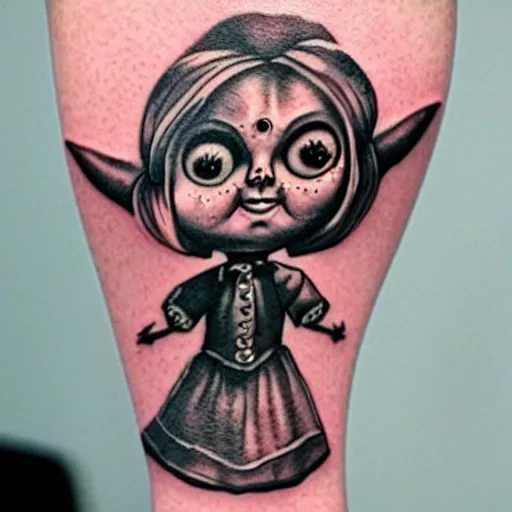 Prompt: tattoo of the annabelle doll, dark, scary, horror, high detail