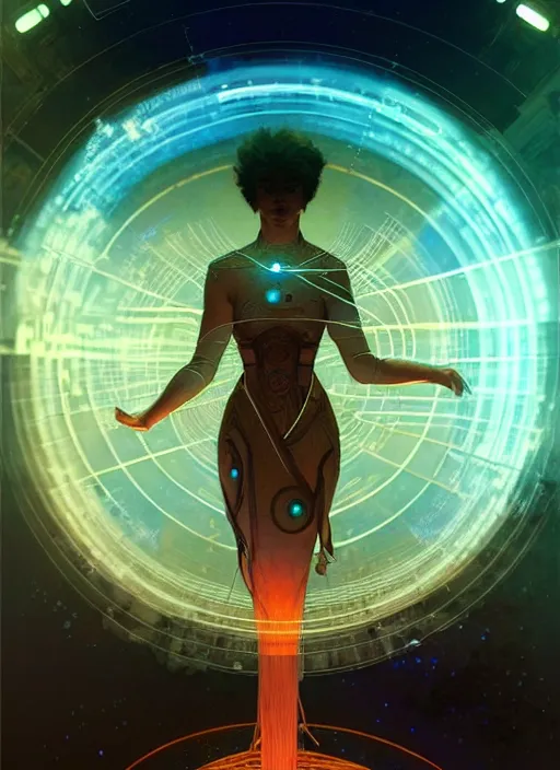 Image similar to high depth, collective civilization knowledge, calm, healing, resting, life, hybrids, scifi, glowing lights!!, published concept art, mixed medias, image overlays, sharp focus, thin glowing wires, winning illustration, art by greg rutkowski and alphonse mucha, singularity!!!, 3 6 0 projection