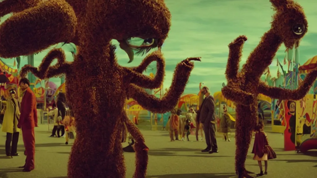 Prompt: the strange creature at the carnival, , film still from the movie directed by Denis Villeneuve with art direction by Salvador Dalí, wide lens