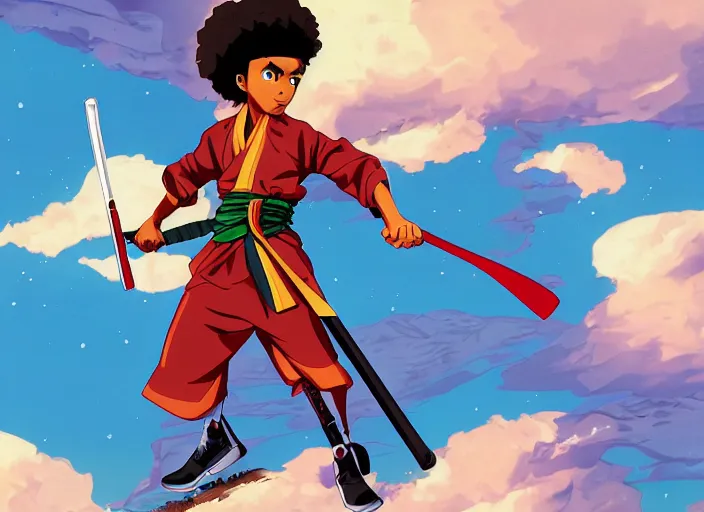 Image similar to huey freeman from boondocks in a samurai outfit in 8 0 s futurism style, anime, detailed, 4 k - h 1 0 2 4