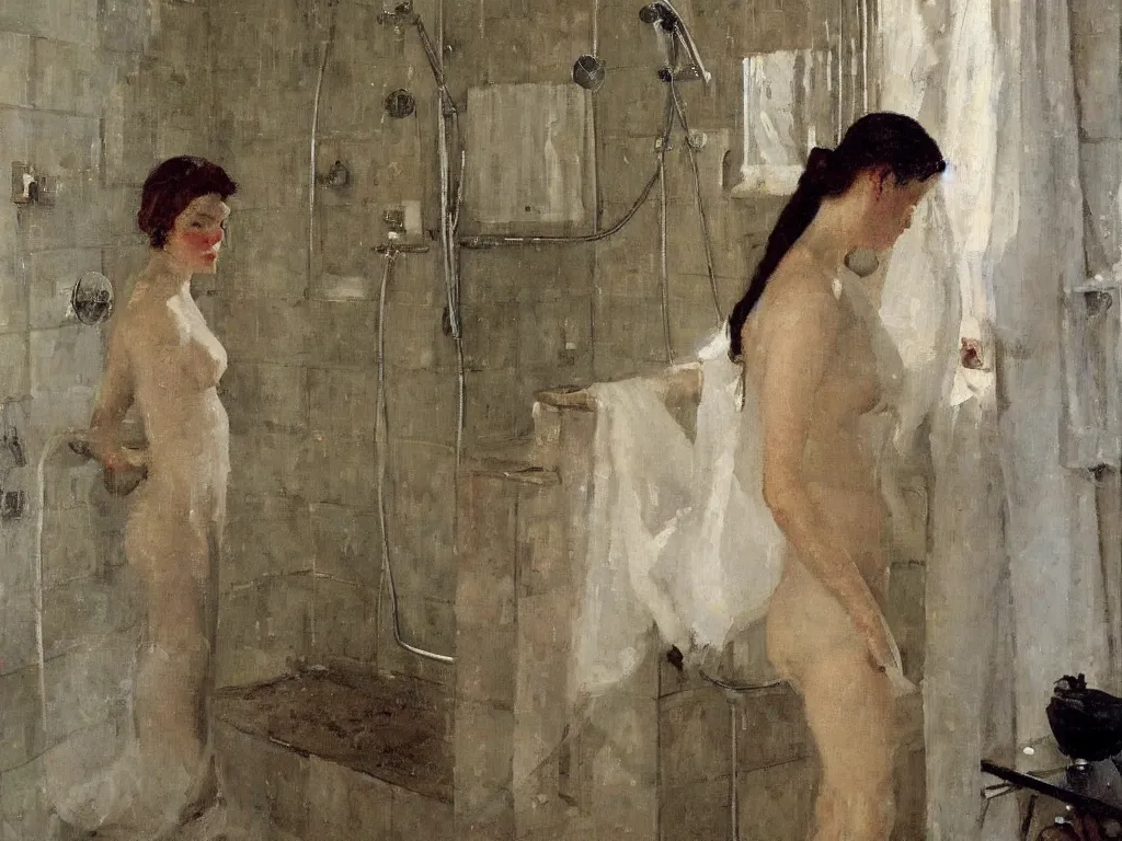 Image similar to portrait of a lady in the shower, painting by stanhope forbes, oil on canvas