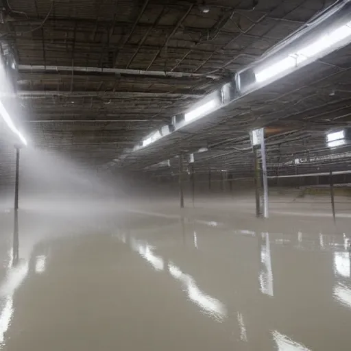 Prompt: massive warehouse with concrete floors and walls, exposed rebar, dim fluorescent lights placed on the walls and a low-hanging fog with no discernible source. The fog often coalesces into condensation, forming puddles on the floor in inconsistent areas. Unlike Level 0, this level possesses a consistent supply of water and electricity, which allows indefinite habitation by wanderers providing that appropriate precautions are taken. It is also far more expansive, possessing staircases, elevators, isolated rooms, and hallways. 4k, HD, photorealistic