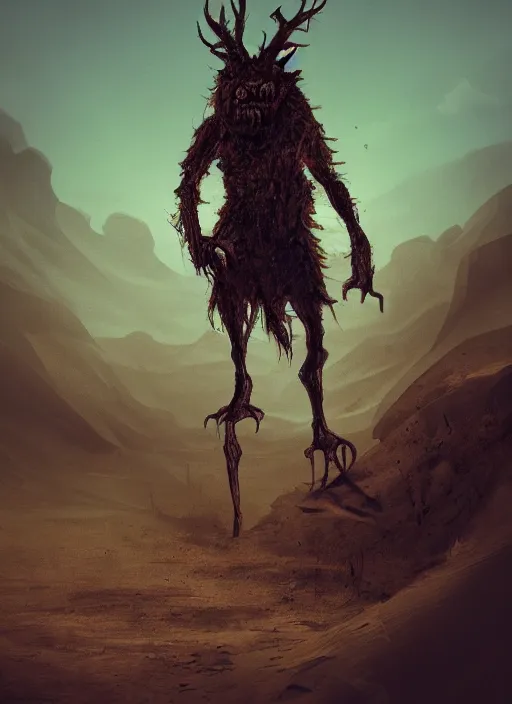 Image similar to terrific monster in middle of desert, horror, dark atmosphere, harsh lighting, cinematic lighting, scary, award wining art, artstation, high details, concept art, 4 k