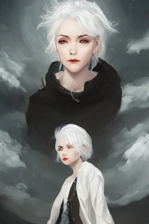 Prompt: white hair, portrait, girl, moon background, night, high detail, concept art, digital art, art of wlop, trending on artstation, trending on deviantart,