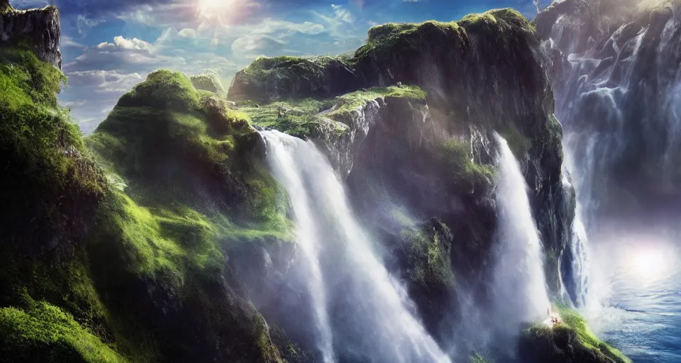 Prompt: A magnificent floating island in the sky above the sea, defying gravity, waterfall falling down, epic lighting, epic composition, cinematic, highly detailed, 4k