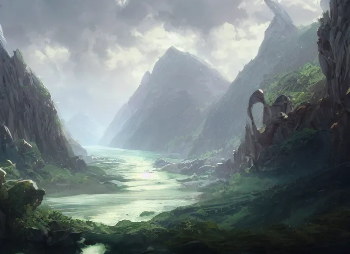 Image similar to beleriand, landscape, fine art, valley, river in style of greg rutkowski, jesper ejsing, makoto shinkai, trending on artstation, fantasy, great composition, concept art, highly detailed, scenery, 8 k, behance.