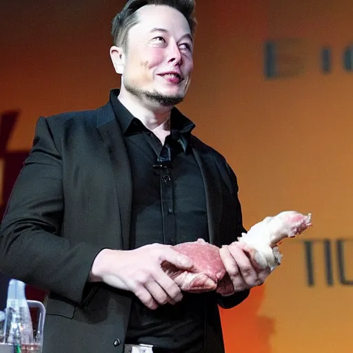 Image similar to elon musk holding a piece of meat, offering it to you