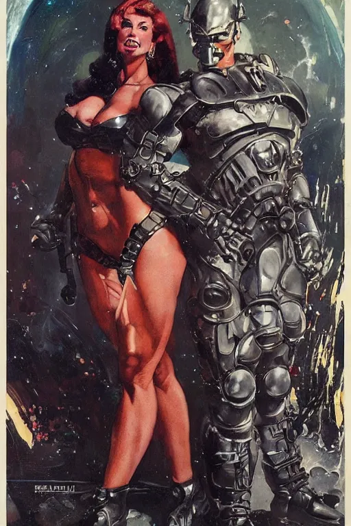 Image similar to full body portrait of rich piana as armoured demon standing beside elegant space woman in latex spacesuit, by norman rockwell, jack kirby, jon berkey, earle bergey, craig mullins, ruan jia, jeremy mann, tom lovell, marvel, astounding stories, 5 0 s pulp illustration, scifi, fantasy, artstation creature concept