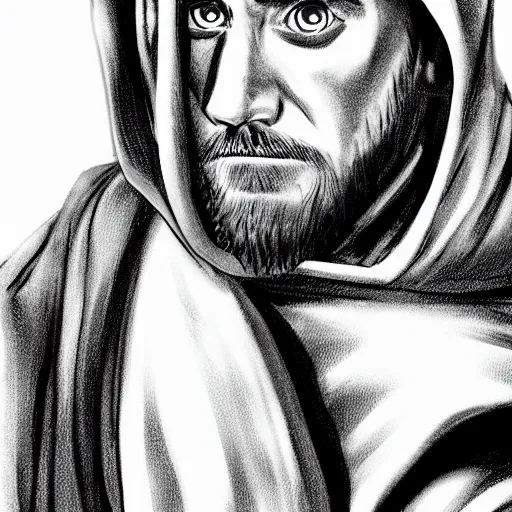 Image similar to Obi-Wan Kenobi portrait in the style of Junji Ito. Manga. Black & White. Gothic. Horror. Extremely detailed. 4K.