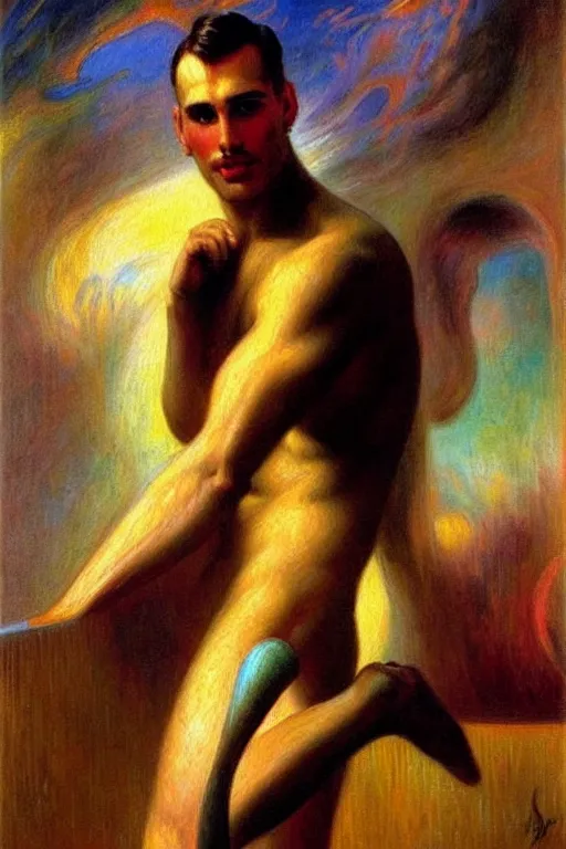 Image similar to attractive man, futurism, painting by gaston bussiere, tom of finland