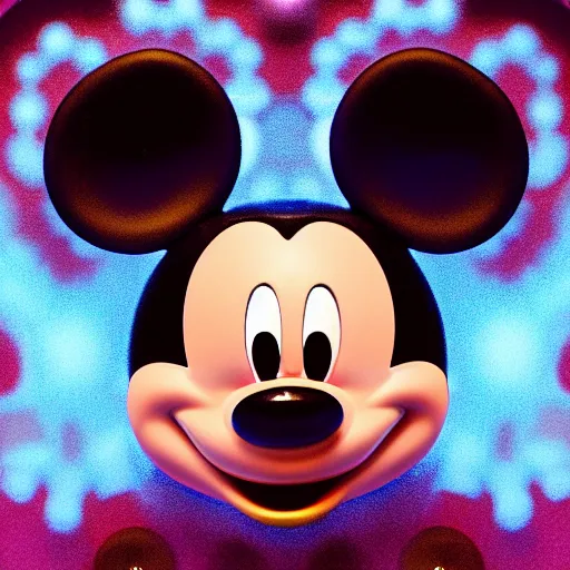 Image similar to mickey mouse head, fractal, broken, flower power, wet, mycelium, radiant alien, rococo, baroque, automotive, bio-mechanical, porcelain, iridescent sub surface scattering, octane render