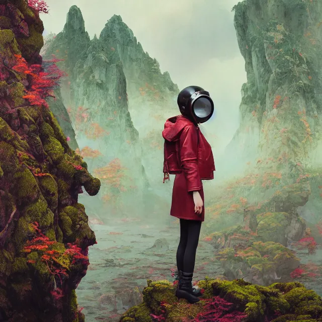 Image similar to highly detailed portrait of alone androgynous girl wearing bakelite leather jacket, bakelite rocky mountains, moss green japanese haunted forest background, by hsiao - ron cheng and artgerm, modular synthesizer 8 0 s sony stereo helmet backpack, the grand budapest hotel, glow, no crop, digital art, artstation, pop art