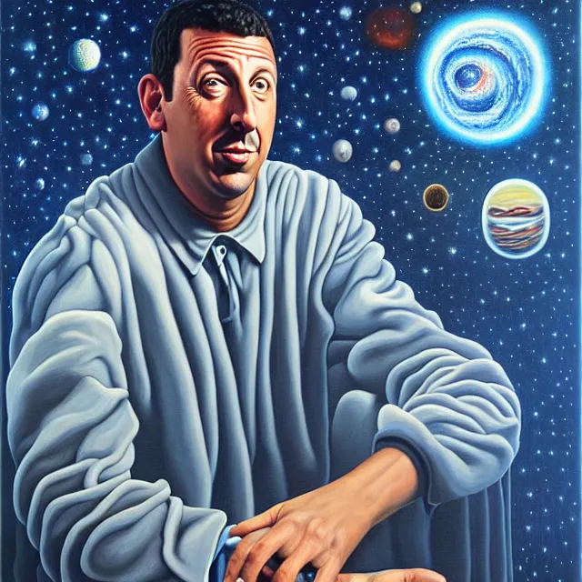 Image similar to an oil on canvas portrait painting of adam sandler, surrealism, surrealist, cosmic horror, rob gonsalves, high detail