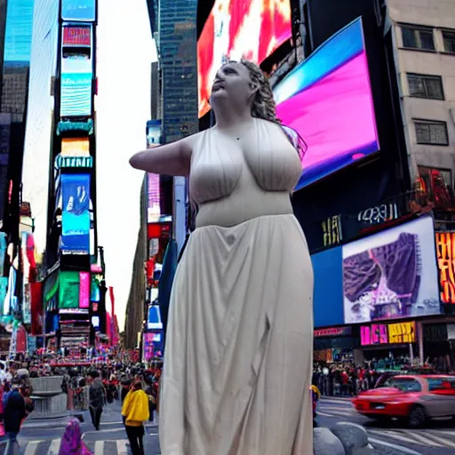 Image similar to a giant greek statue of a woman in times square