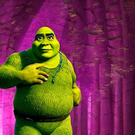Prompt: real - life shrek in a pop music video