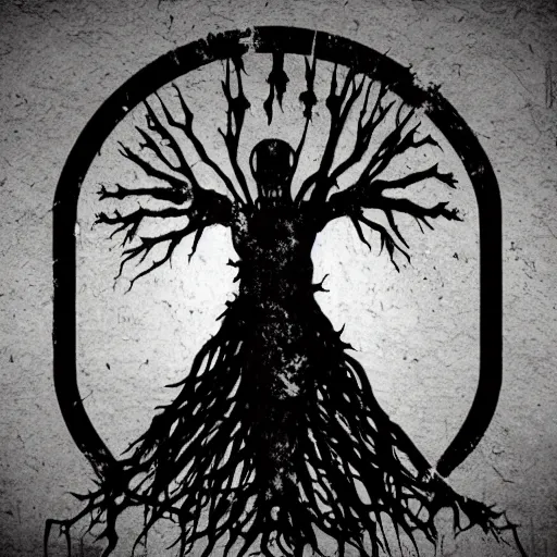 Image similar to black metal band logo, unreadable text, metal font, looks like a tree silhouette, complex, horizontal