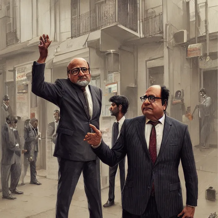 Image similar to portrait of tall indian man in a suit arguing with danny devito outside a bar, elegant, real life skin, intricate artwork, high detailed, artstation, concept art, smooth, sharp focus, art by artgerm and greg rutkowski