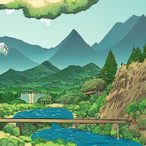 Image similar to A landscape with mountains and forests and a river crossing by the middle of a valley by Studio Ghibli