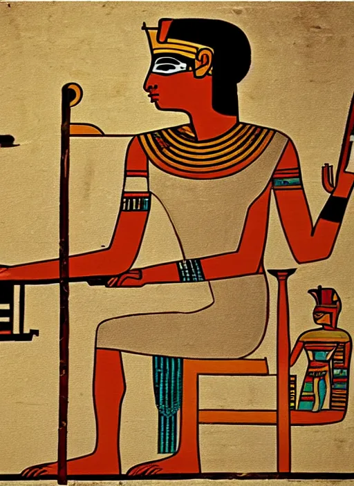 Prompt: ancient egypt painting of man using computer, 4 k, high quality, sharp fucos