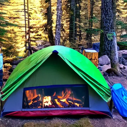 Image similar to teenage mutant ninja turtles camping, british columbia, nationak park, log fire, tent, style of 9 0 s super hero comics