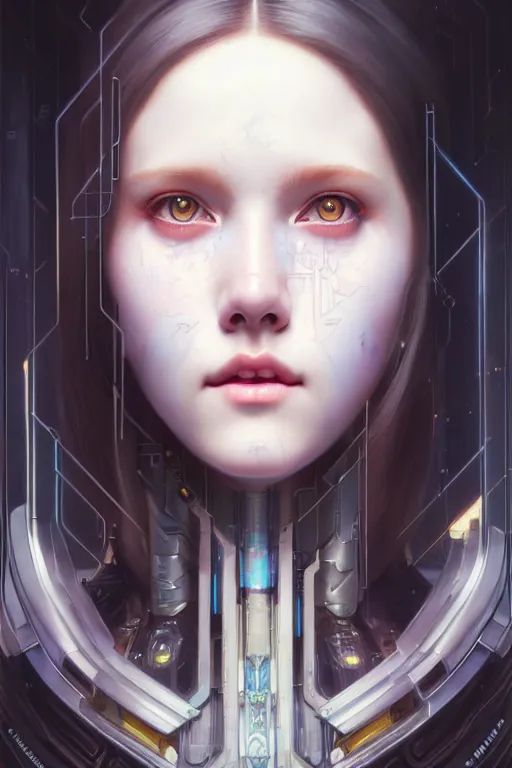 Prompt: portrait painting of olivia hye loona cyberpunk netrunner smiling, ultra realistic, concept art, intricate details, eerie, highly detailed, photorealistic, octane render, 8 k, unreal engine. art by artgerm and greg rutkowski and magali villeneuve and alphonse mucha