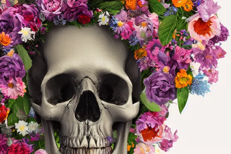 Image similar to human skull made of flowers with flowers in its eyes, artstation, illustration, hd, hq, high resolution, high detail, 4 k, 8 k