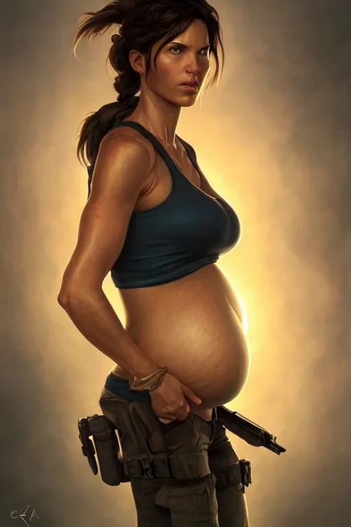 Image similar to pregnant lara croft in a tank top, realistic portrait, symmetrical, highly detailed, digital painting, artstation, concept art, smooth, sharp focus, illustration, cinematic lighting, art by artgerm and greg rutkowski and alphonse mucha