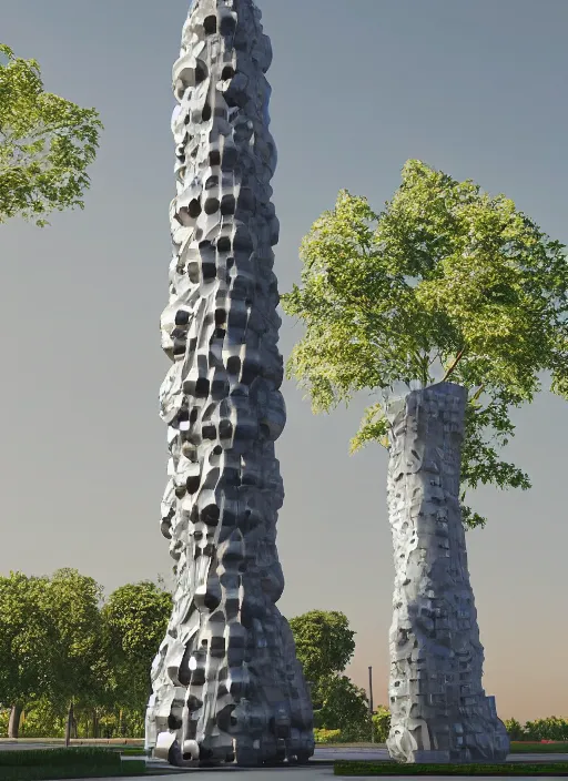 Image similar to highly detailed realistic architecture 3 d render of a futurisctic stele column monument made from spheres in frank gehry style standing in a city park, archdaily, made in unreal engine 4 octane render