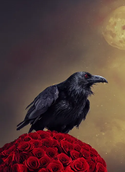 Prompt: red and golden color details, portrait, A healthy and proud crow with red eyes in front of the full big moon, book cover, red roses, red white black colors, establishing shot, extremly high detail, foto realistic, cinematic lighting, by Yoshitaka Amano, Ruan Jia, Kentaro Miura, Artgerm, post processed, concept art, artstation, raphael lacoste, alex ross, portrait, A crow with red eyes in front of the full big moon, book cover, red roses, red white black colors, establishing shot, extremly high detail, photo-realistic, cinematic lighting, by Yoshitaka Amano, Ruan Jia, Kentaro Miura, Artgerm, post processed, concept art, artstation, raphael lacoste, alex ross