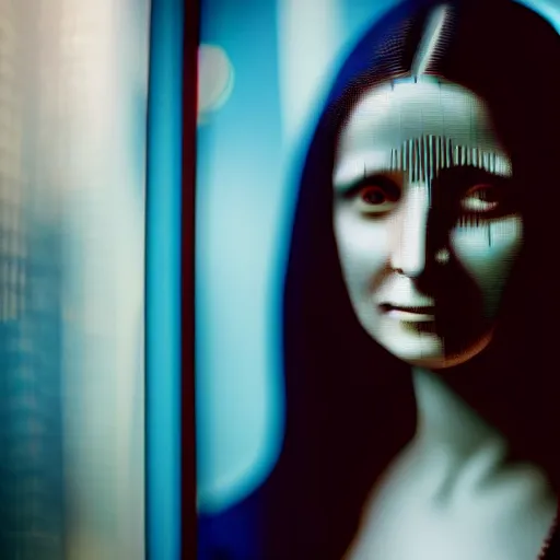 Prompt: cinematic movie still of cybernetic character named Mona Lisa in Neuromancer, futuristic eye implant, cyberpunk, XF IQ4, 150MP, 50mm, F1.4, ISO 200, 1/160s, twilight in the city