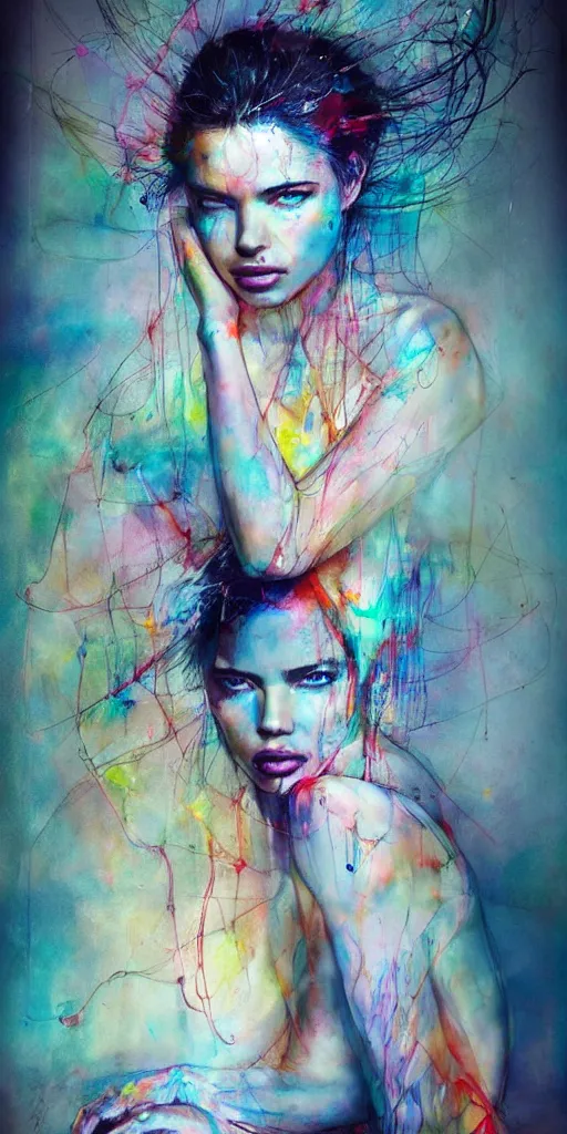 Image similar to adriana lima by agnes cecile enki bilal moebius, intricated details, sitting on a stool, full body portrait, extremely luminous bright design, pastel colours, drips, autumn lights