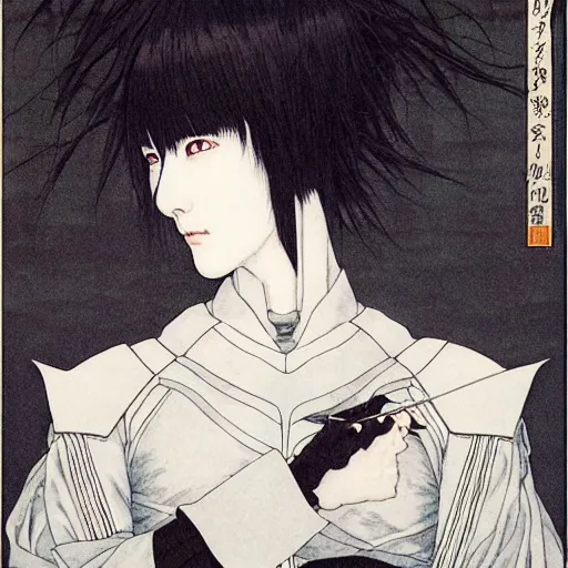 Image similar to prompt : black and white portrait soft light painted by takato yamamoto, enhanced armor, inspired by ghost in shell anime, smooth face feature, intricate oil painting, high detail, sharp high detail, manga and anime 1 9 8 0