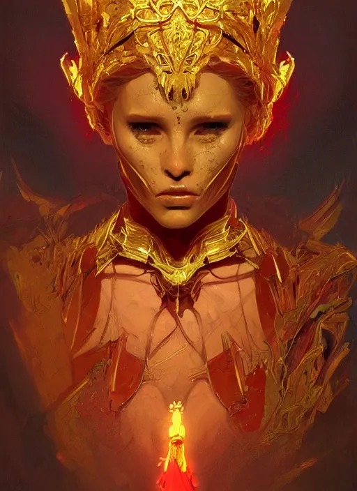 Image similar to A red Skeleton, golden crown, male, fantasy, extremely detailed, digital painting, artstation, concept art, smooth, sharp focus, illustration, stunning lighting, art by artgerm and greg rutkowski and alphonse mucha and simon stalenhag, realistic character concept, high fantasy, dark atmosphere, golden ratio, cinematic lighting, hyperdetailed, high resolution, insanely detailed and intricate, artstation, Marc Simonetti, Greg Rutkowski, 8k