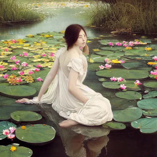 Image similar to a painting of a woman with greek white clothes floating in a pond of water lillies, a fine art painting, by liu jun, cgsociety, deviantart, pre - raphaelitism, figurative art, magical realism, detailed painting, made of flowers