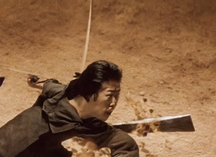 Image similar to a movie still of a samurai slicing through a loaf of bread by Akira Kurosawa