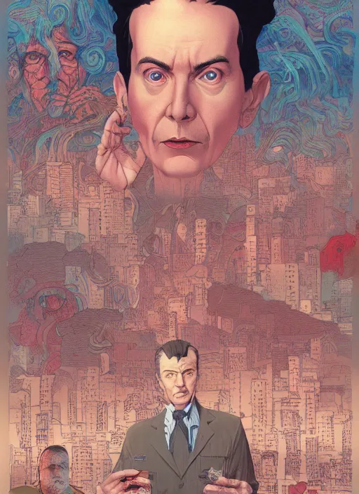 Prompt: Twin Peaks poster artwork by Michael Whelan and Tomer Hanuka, Karol Bak, Rendering of Laura's eccentric psychiatrist, Dr. Lawrence Jacoby, listens to secret cassette tapes she sent him, from scene from Twin Peaks, clean, full of details, by Makoto Shinkai and thomas kinkade, Matte painting, trending on artstation and unreal engine