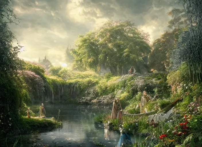 Prompt: beautiful women with wings of lace in a lord of the rings scenery landscape, pond with tall flowers, highly detailed, perfect lighting, perfect composition, 4 k, artgerm, alan lee, derek zabrocki, greg rutkowski, octane remder